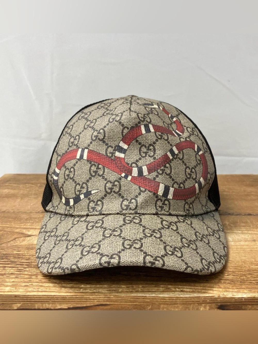 Gucci Black and Beige Monogram Baseball Cap with Gold Rivet